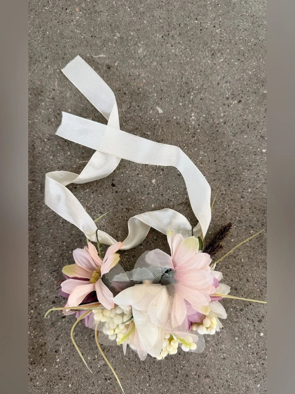 Kids Pink Floral Crown Headband with White Ribbon